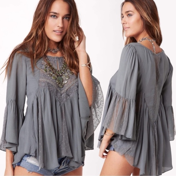 Free People Edwardian Angelic Lace Tunic Top Dark Gray XS Flowy Fairy Gypsy Y2K - Picture 1 of 17